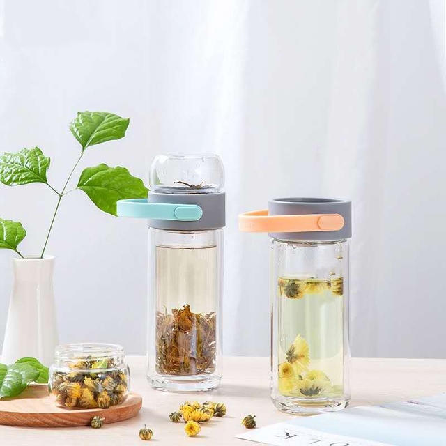 2020 new design double wall borosilicate glass tea bottle
